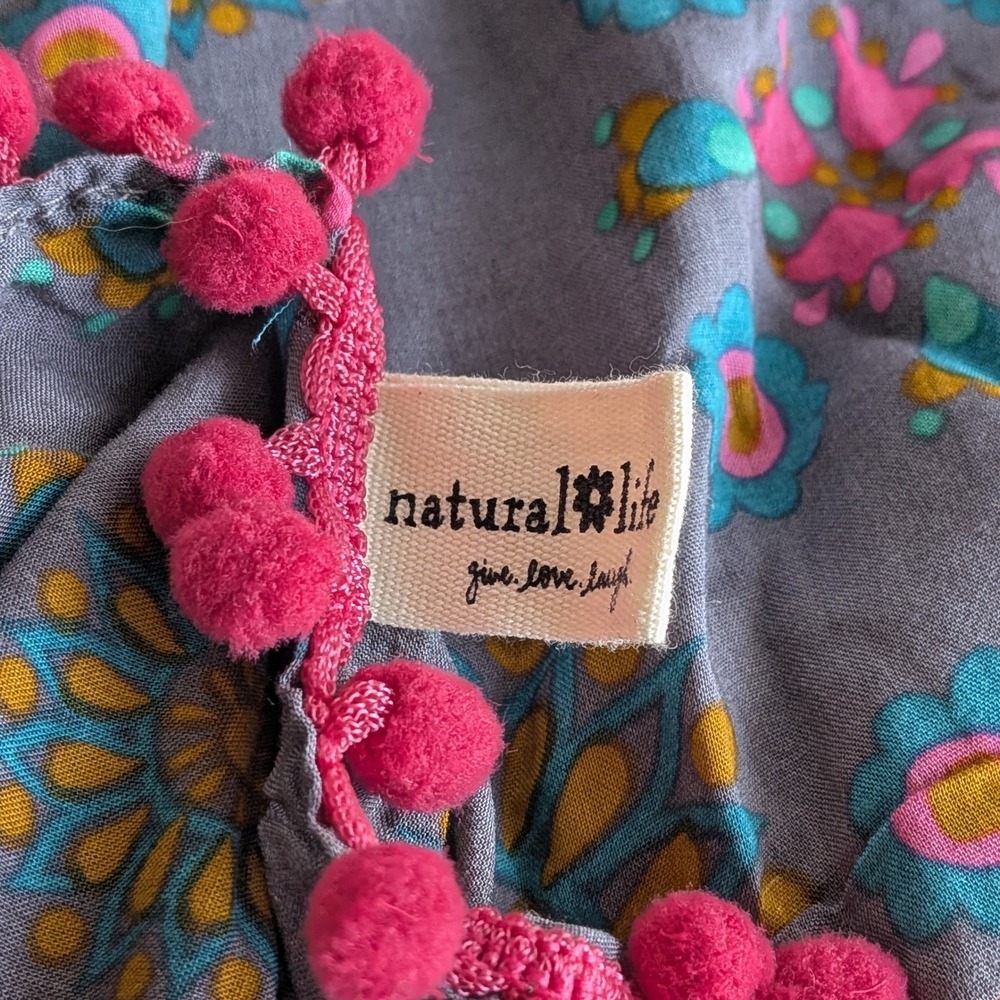Natural Life Paisley Boho Print Pom Pom Trim Infinity Scarf Grey Pink Blue - Picture 3 of 4